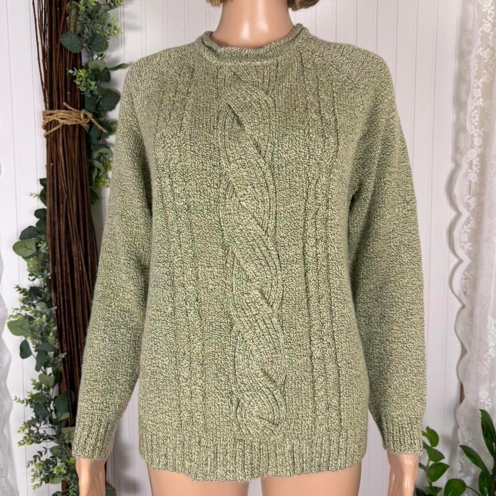 Carolyn Taylor cable knit sweater in a soft sage green‎ marled knit.